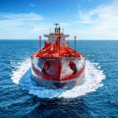 Aerial,Front,View,Of,A,Red,Crude,Oil,Tanker,Traveling